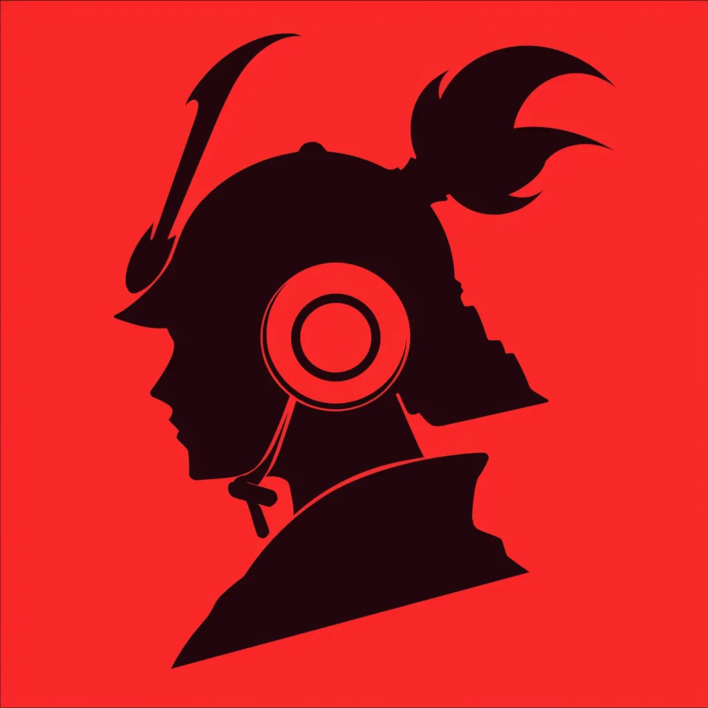 かっこいい影武者のLINEアイコン｜赤を背景にシルエットで描かれた横顔が印象的で、漆黒の輪郭が緊張感を漂わせる。装飾的な兜のシルエットが力強さを表現し、静かな迫力を持つかっこいいLINEアイコンとなっている。