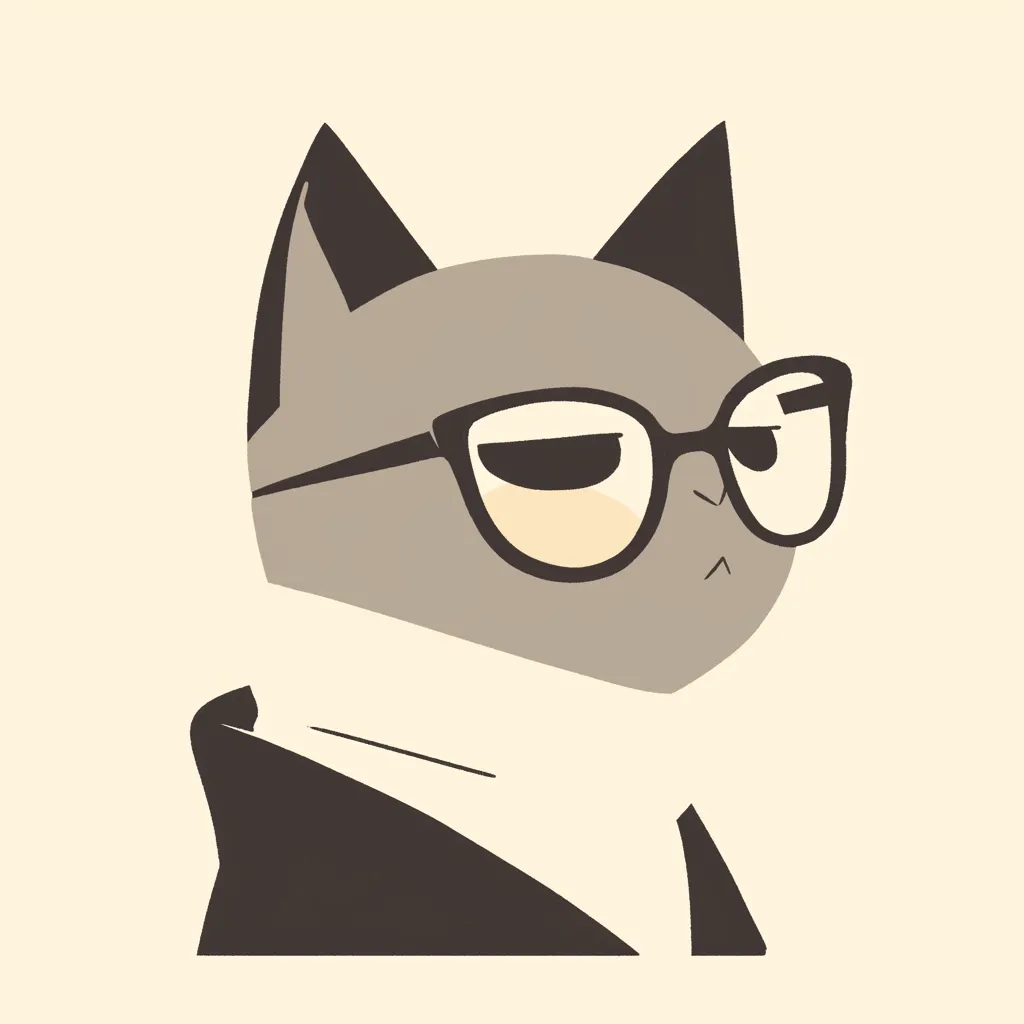 大人おしゃれアイコン クール猫｜シャープな線で描かれた猫が眼鏡をかける大人おしゃれアイコン。モノトーン調の落ち着いた配色とクールな表情が、知性とスタイリッシュさを際立たせています。