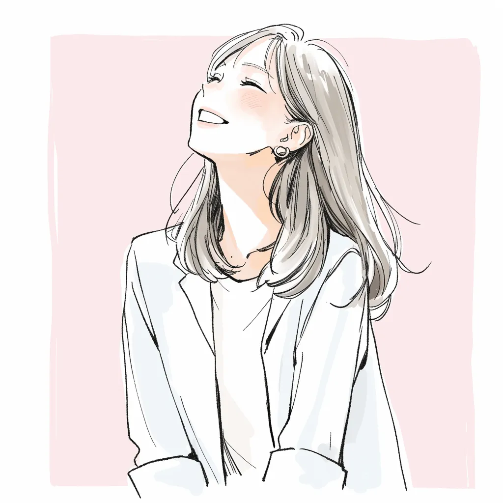 大人女子笑顔LINEアイコン｜柔らかいタッチで描かれた笑顔が魅力的で、頬の赤みと優しい表情が温かみを伝える。ピンクの背景が親しみやすさを添える大人女子のLINEアイコン。