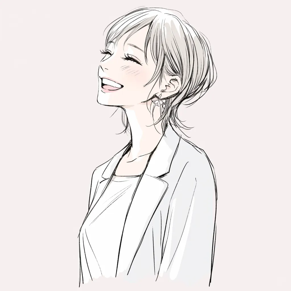大人女子微笑みLINEアイコン｜横顔に輝く笑顔が印象的で、柔らかな線の描写が親近感を生み出している。ナチュラルな雰囲気の中に上品さを漂わせる大人女子のLINEアイコンとなっている。