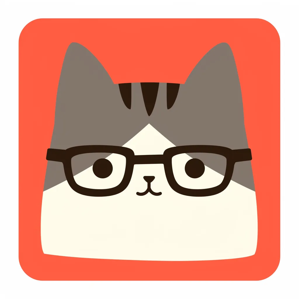 大人おしゃれアイコン メガネ四角猫｜四角い枠の中に収まった猫が眼鏡をかける大人おしゃれアイコン。オレンジの背景がシンプルな猫の顔を引き立て、親しみやすさの中に都会的な遊び心を感じさせます。