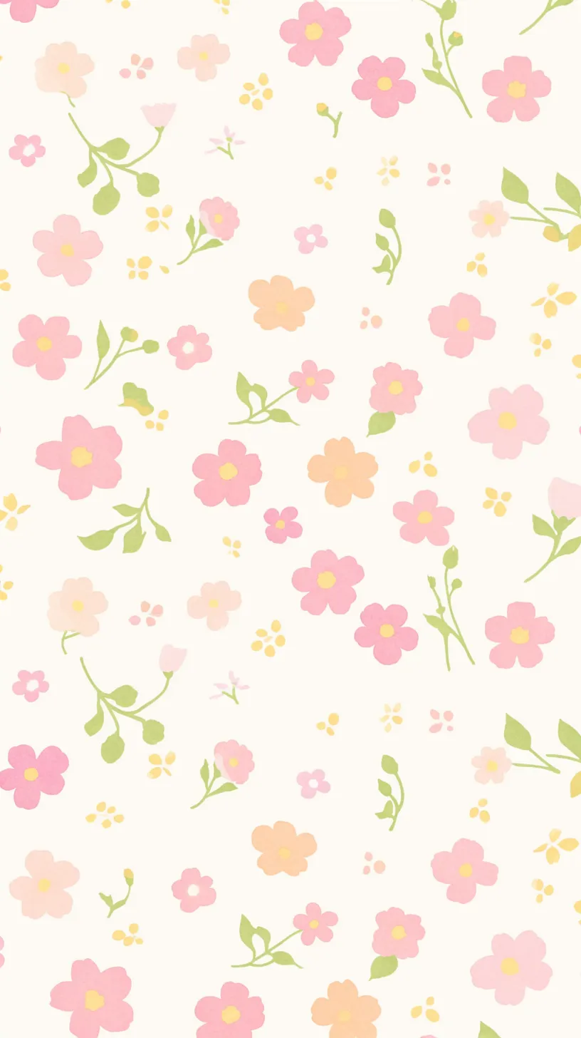 かわいい花柄LINE背景｜柔らかなピンクやオレンジの花々が散りばめられたかわいい花柄LINE背景。シンプルで優しいタッチの色合いが、見るたびに心をほっとさせてくれる雰囲気を演出します。小花と葉が軽やかに配置され、ナチュラルな世界観が広がります。