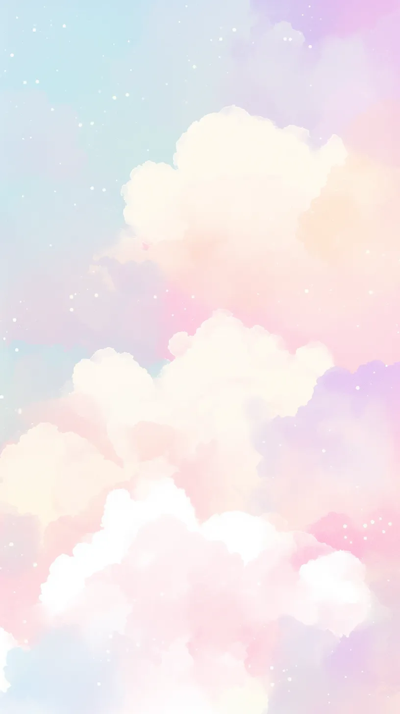 かわいい雲空LINE背景｜パステル調のグラデーションで描かれたかわいい雲空LINE背景。ふんわりと重なる雲が夢のような景色を作り出し、星のようなきらめきが散りばめられています。柔らかな色彩が心を癒すファンタジックな世界です。