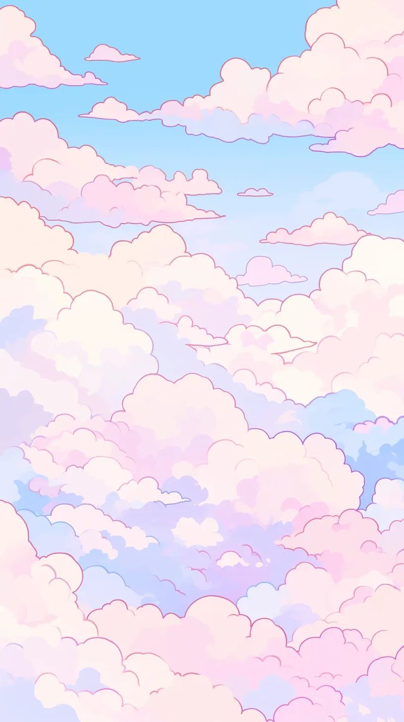 かわいい雲のLINE背景｜くっきりとしたラインで描かれたかわいい雲のLINE背景。ピンクやブルーの淡い彩色が織りなす空模様が、コミカルさと爽やかさを併せ持っています。にぎやかに浮かぶ雲が楽しい空気感を表現しています。