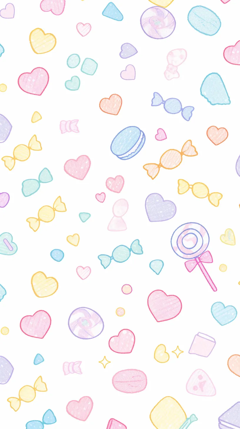 かわいいお菓子LINE背景｜キャンディやマカロン、ハートなどを散りばめたかわいいお菓子LINE背景。手描き風の柔らかなタッチが愛らしく、色とりどりのお菓子モチーフが画面を彩ります。見るだけで甘く楽しい気分になれるデザインです。