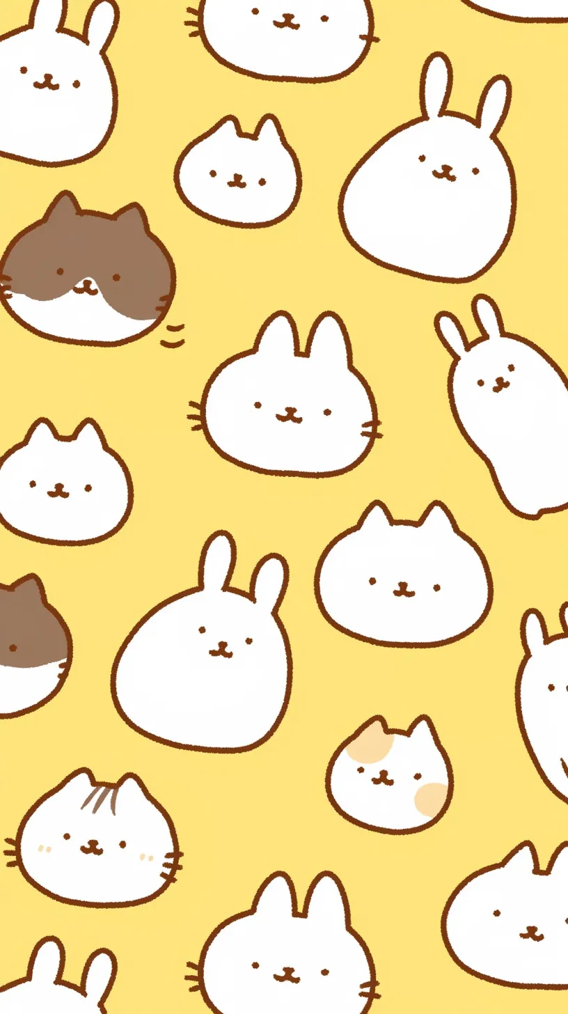 かわいい顔柄LINE背景｜うさぎや猫の顔をパターン化したかわいい顔柄LINE背景。イエローの明るい背景に、丸みのある表情がちりばめられており、見ているだけで心が弾みます。素朴で優しいタッチが心地よい雰囲気を演出します。