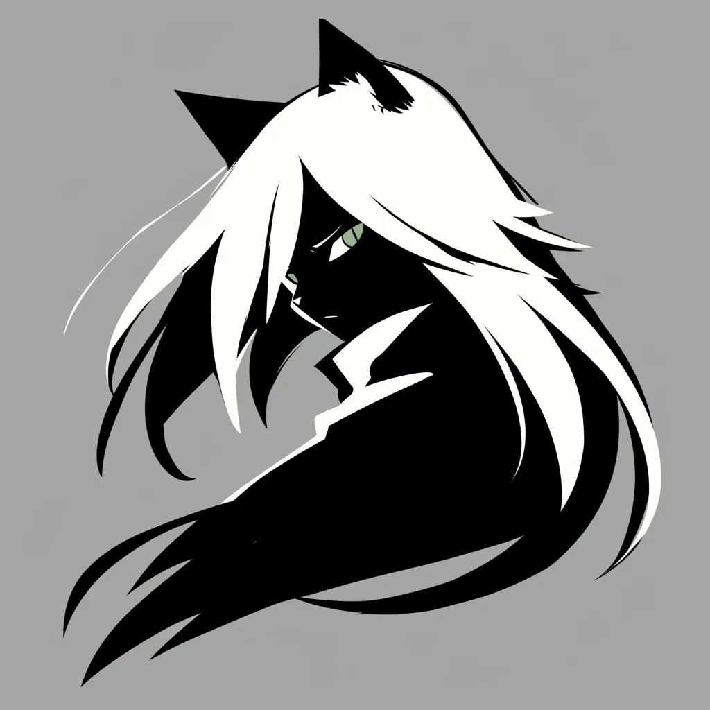 かっこいいおしゃれ黒猫アイコン｜白髪のような長い毛と影のようなシルエットが調和したかっこいいおしゃれ黒猫アイコン。緑の瞳が映え、落ち着いた印象の中に鋭さが宿ります。