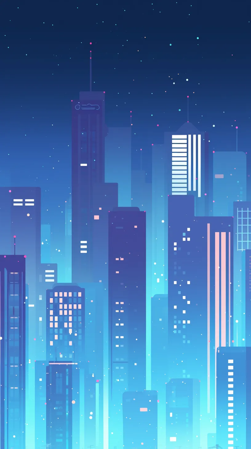 かっこいいLINE背景ネオンシティ｜夜空に光が舞う都会のビル群が広がる、かっこいいLINE背景。鮮やかなブルーとピンクのネオンが混ざり合い、近未来的で幻想的な印象を与えてくれます。