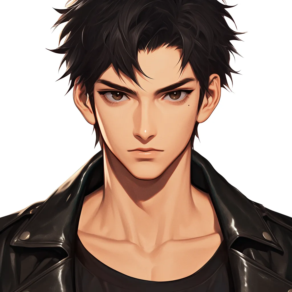 かっこいいおしゃれ男子アイコン｜黒のレザージャケットが際立つかっこいいおしゃれ男子アイコン。真っ直ぐな視線と整った髪型が力強さを演出し、都会的で洗練された雰囲気を感じさせます。
