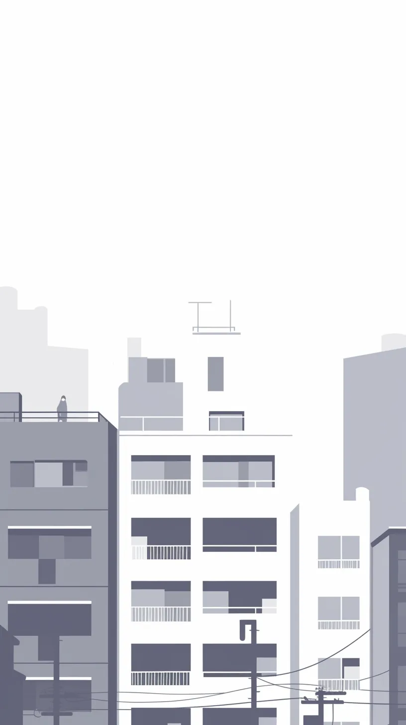 シンプル韓国LINE背景シティ｜都会の建物をシルエット調に描いたシンプル韓国LINE背景。無彩色のコントラストがスタイリッシュで、日常の中に落ち着きを添える構成になっています。