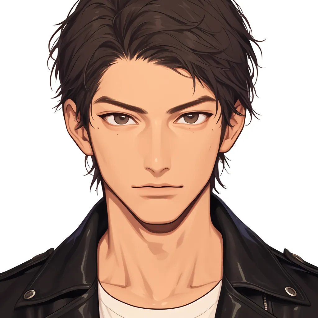 かっこいいおしゃれ革ジャン男子アイコン｜白いシャツと黒いレザージャケットのコントラストが目を引くかっこいいおしゃれ革ジャン男子アイコン。端正な顔立ちとバランスの取れた構図が魅力です。