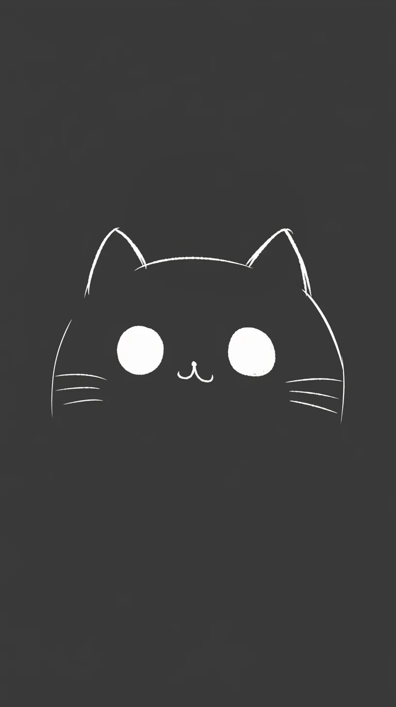 黒LINE背景ネコシンプル｜黒地に大きな目と小さな口だけが描かれたシンプルなネコの顔。余白を活かしたミニマルな表現で、黒LINE背景としてユーモアと可愛さを併せ持つデザイン。