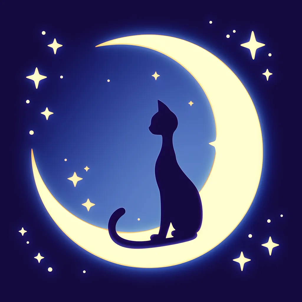 かっこいいおしゃれ月と猫アイコン｜大きな三日月に寄り添うように座る猫のシルエットが美しいかっこいいおしゃれ月と猫アイコン。夜空の星々と幻想的な調和がSNS映えする幻想感を高めます。