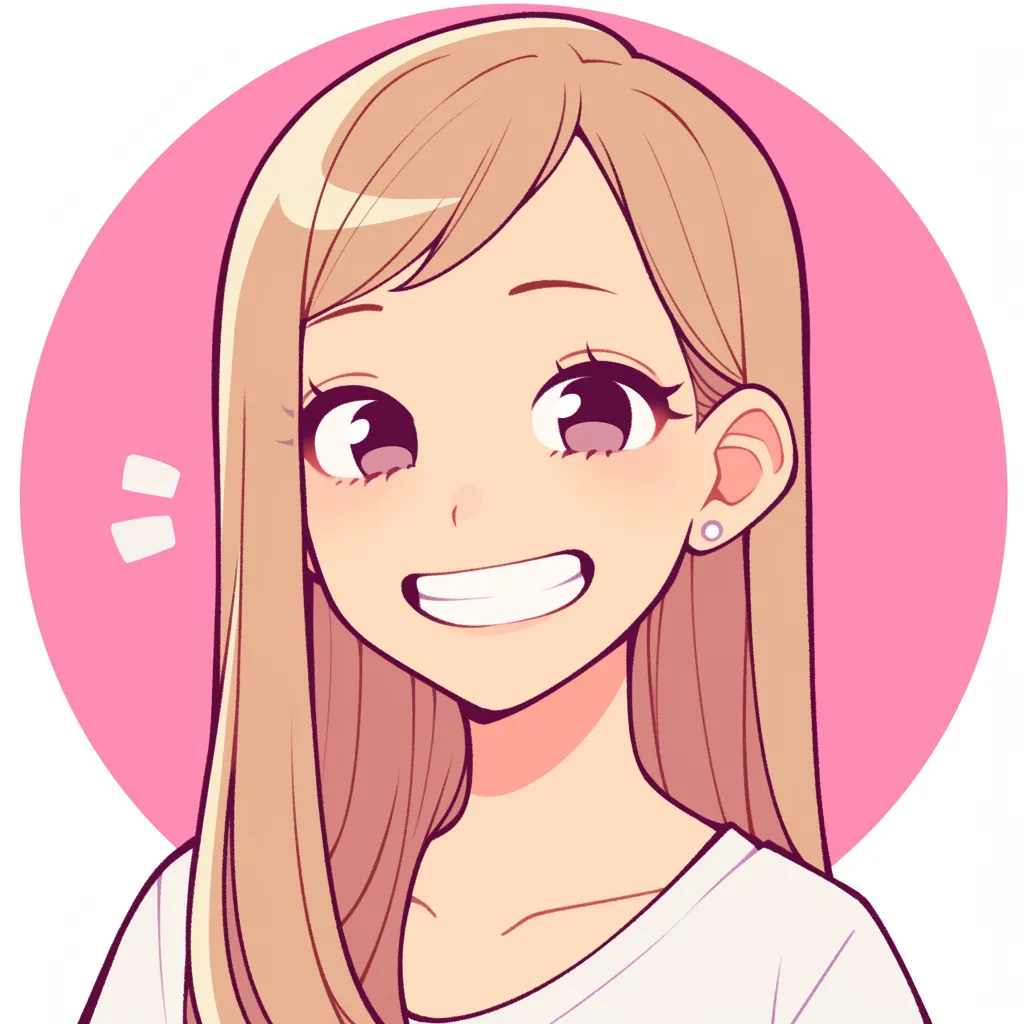 モテるアイコン女子の元気｜大きな笑顔を見せる女子のSNSアイコン。丸みを帯びた可愛らしい顔立ちと明快なピンク背景が、モテるアイコンとして元気な印象を与える。