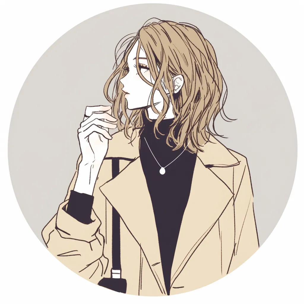 モテるアイコン男ウケの横顔｜淡い色調で描かれた女子が横を向く姿のSNSアイコン。洗練されたコートと落ち着いた表情が、男ウケする大人の雰囲気を漂わせる。