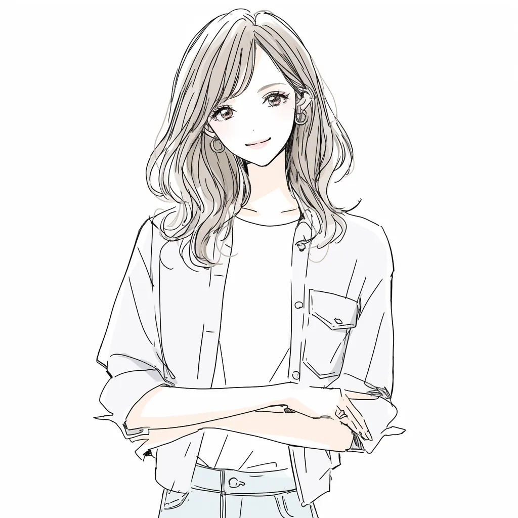 モテるアイコン男ウケの柔和｜ラフなシャツと緩やかなウェーブの髪が調和した女子のSNSアイコン。穏やかな微笑みが印象的で、男ウケする柔和な魅力を放つ。