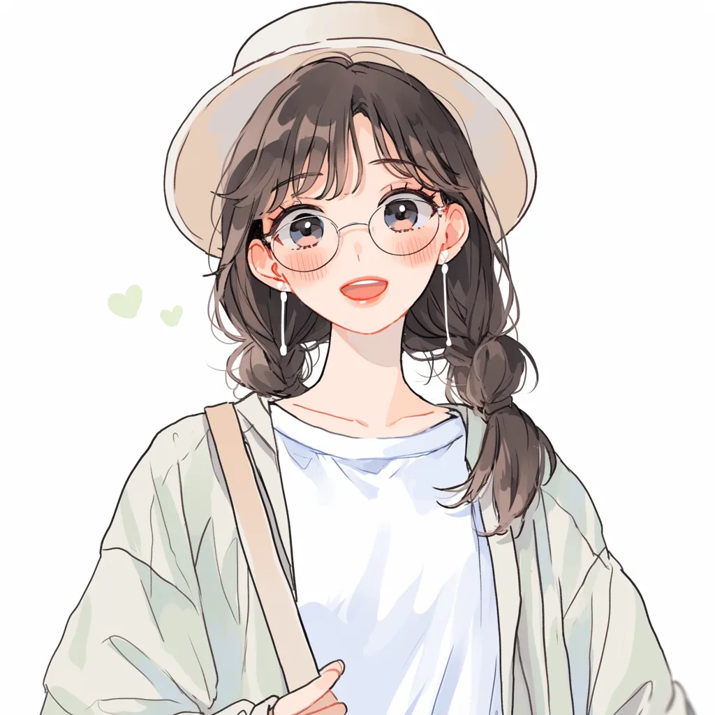 モテるアイコン男ウケの初夏｜麦わら帽子と眼鏡をかけた女子のSNSアイコン。軽やかな髪型と柔らかな笑みが、男ウケする初夏の爽やかさを思わせる。