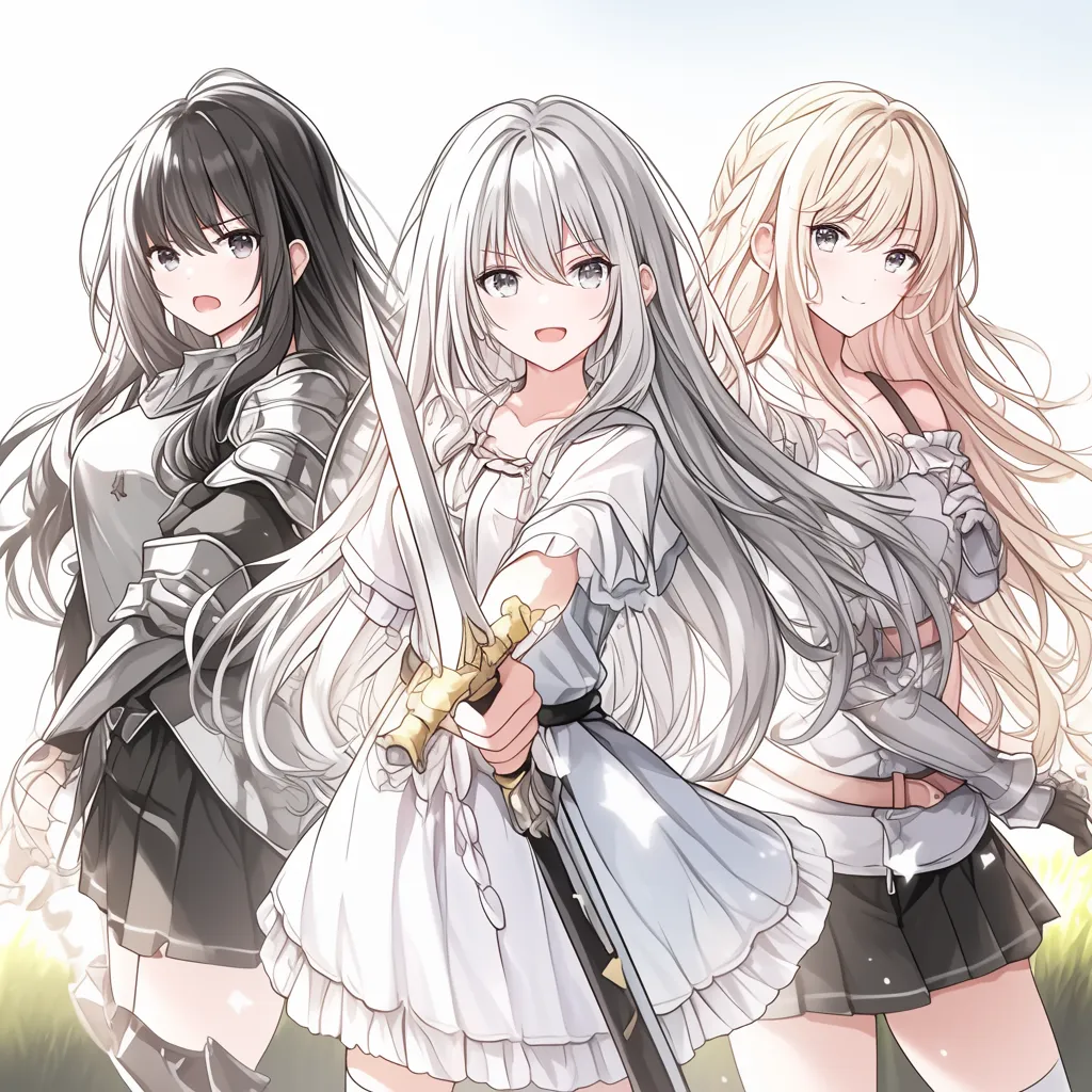 かっこいいアニメアイコン三人組｜剣を構える少女たちが並ぶかっこいいアニメアイコン。光を受けた髪の流れや衣装の細かさが迫力と華やかさを生んでいる。