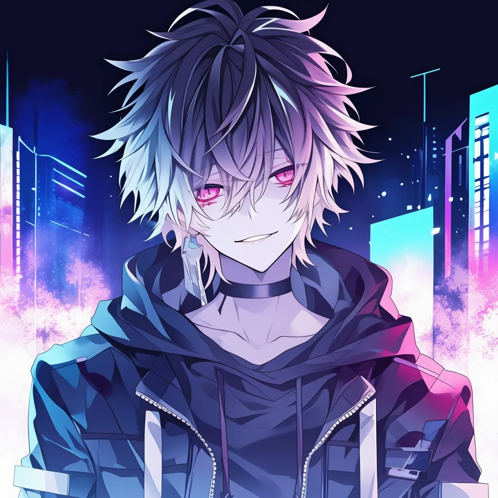 かっこいいアニメアイコン夜景｜ネオン輝く街を背景に微笑むかっこいいアニメアイコン。赤い瞳と髪のグラデーションが都会的な雰囲気を強調している。