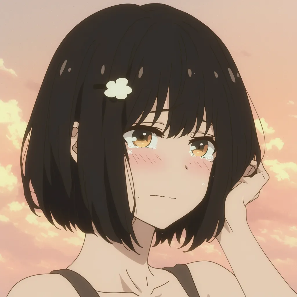 エモいアニメアイコン涙空｜涙を浮かべながらも微笑みに近い表情を見せるエモいアニメアイコン。夕焼けの柔らかな光が心情を映し出し、温かさと哀しさを同時に伝える。