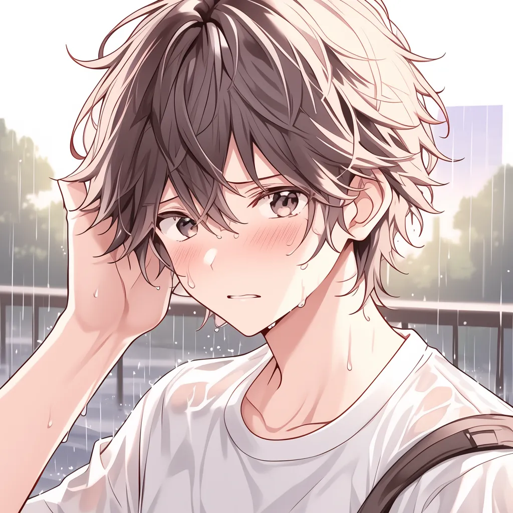 エモいアニメアイコン雨粒｜濡れた髪と赤らんだ頬が印象的なエモいアニメアイコン。雨に打たれた瞬間を切り取った描写が、感情の揺らぎを強調している。