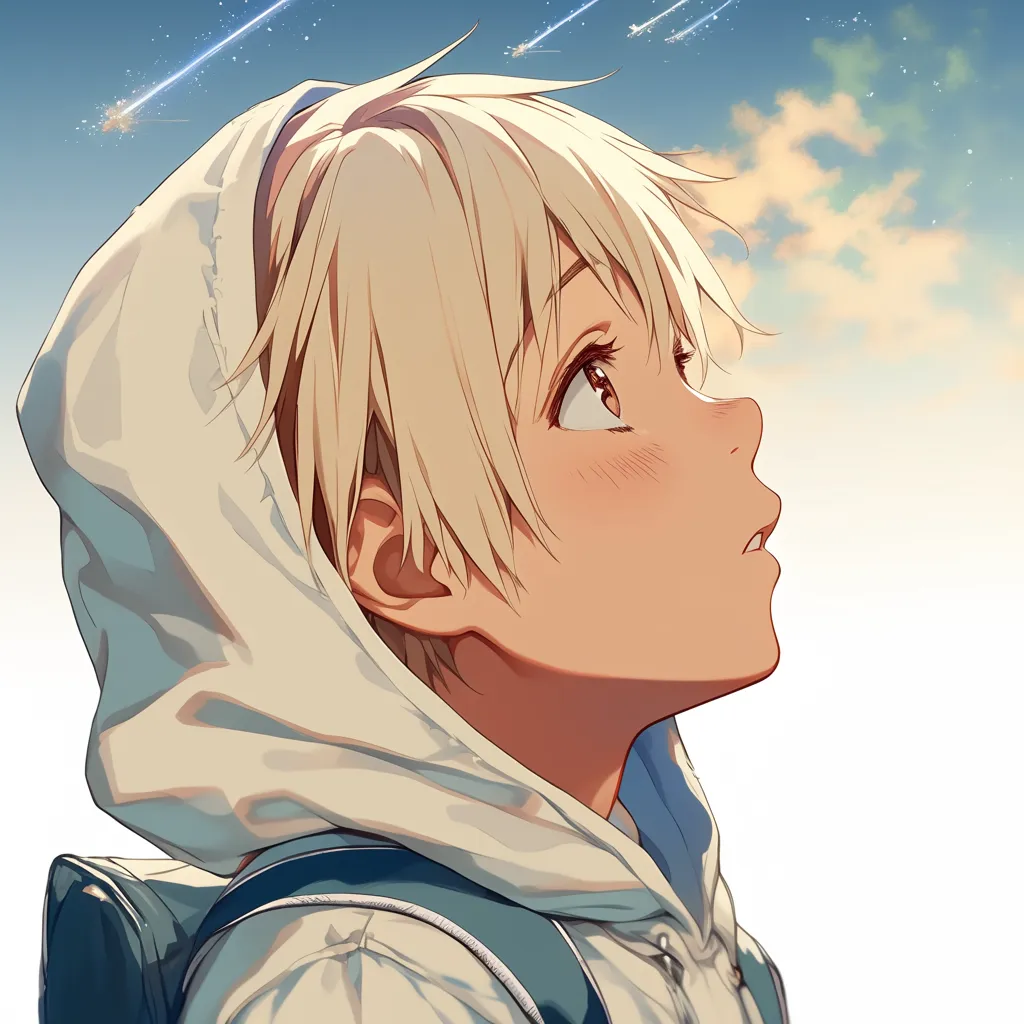 エモいアニメアイコン星空｜流れ星を見上げる瞬間を描いたエモいアニメアイコン。驚きと憧れが入り混じる瞳が印象的で、広がる空が夢のような空気感を漂わせる。