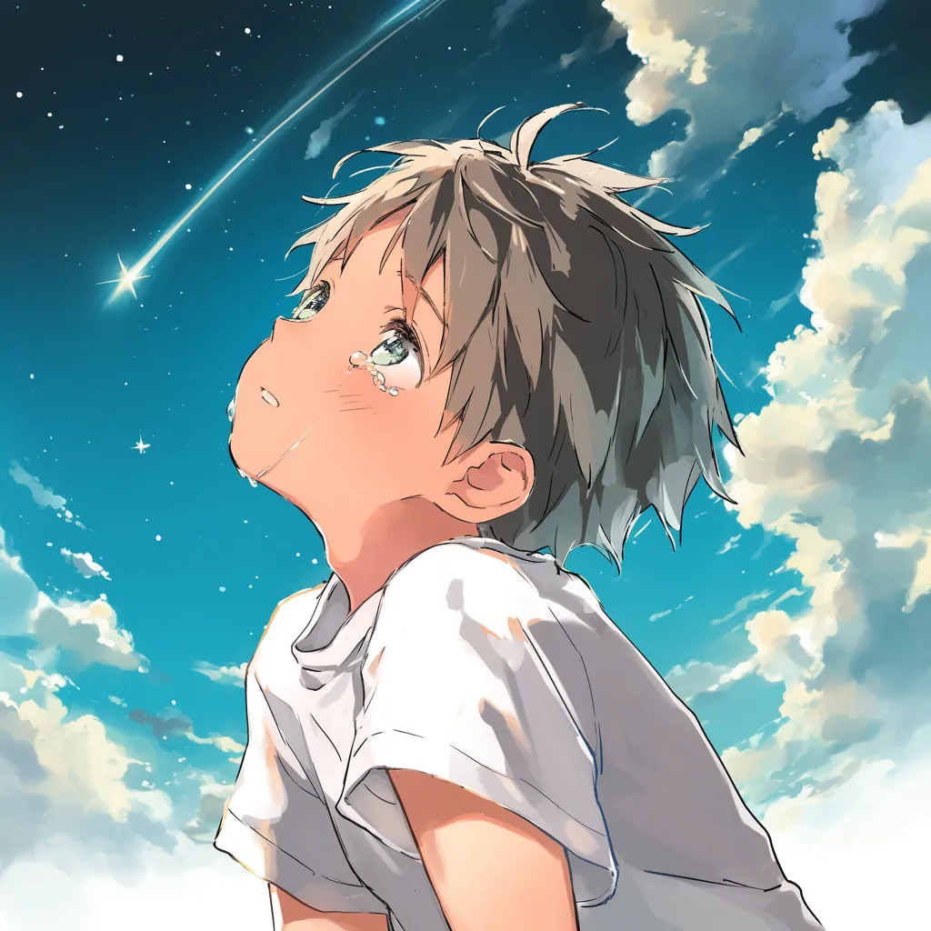 エモいアニメアイコン願い｜涙を浮かべながら星空を見上げる姿が描かれたエモいアニメアイコン。鮮やかな夜空の広がりと表情の儚さが、強い感情を呼び起こす。