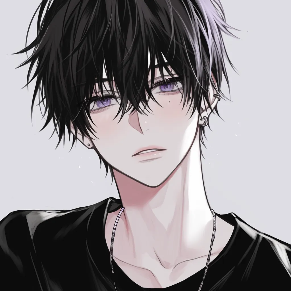 男アニメアイコン儚げ視線｜淡い光に包まれた黒髪男子のアイコン。伏し目がちな紫の瞳が儚げな雰囲気を生み、さりげないアクセサリーが繊細な存在感を際立たせている。