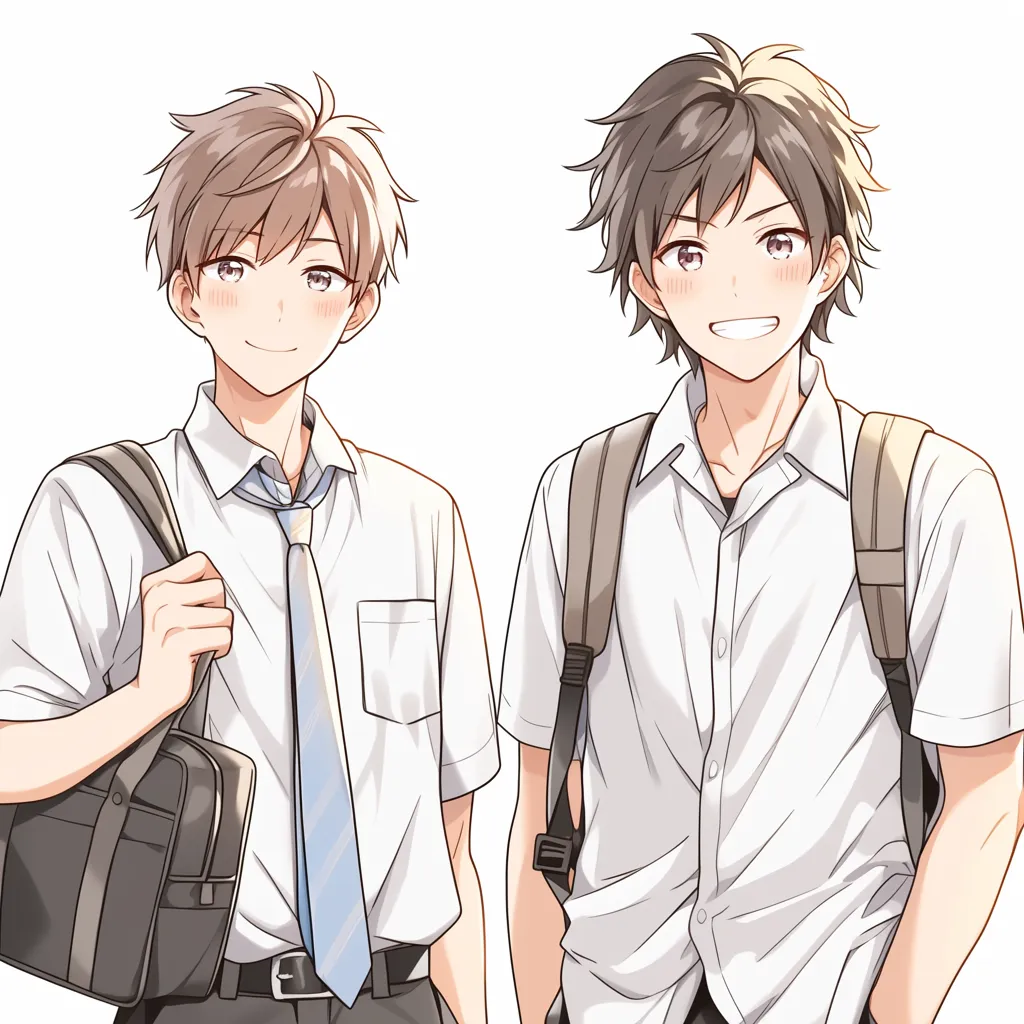 男アニメアイコン爽やか笑顔｜学生服姿で並ぶ二人の男子が柔らかな笑顔を見せるアイコン。肩掛けのバッグやネクタイが日常の空気感を描き、SNSに親しみやすさを添えている。