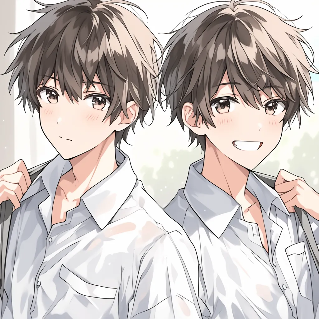 男アニメアイコン青春ツイン｜白シャツ姿の双子のような男子二人が並ぶアイコン。対照的な穏やかな表情と明るい笑顔が青春らしい輝きを映し出し、仲の良さが温かく伝わってくる。
