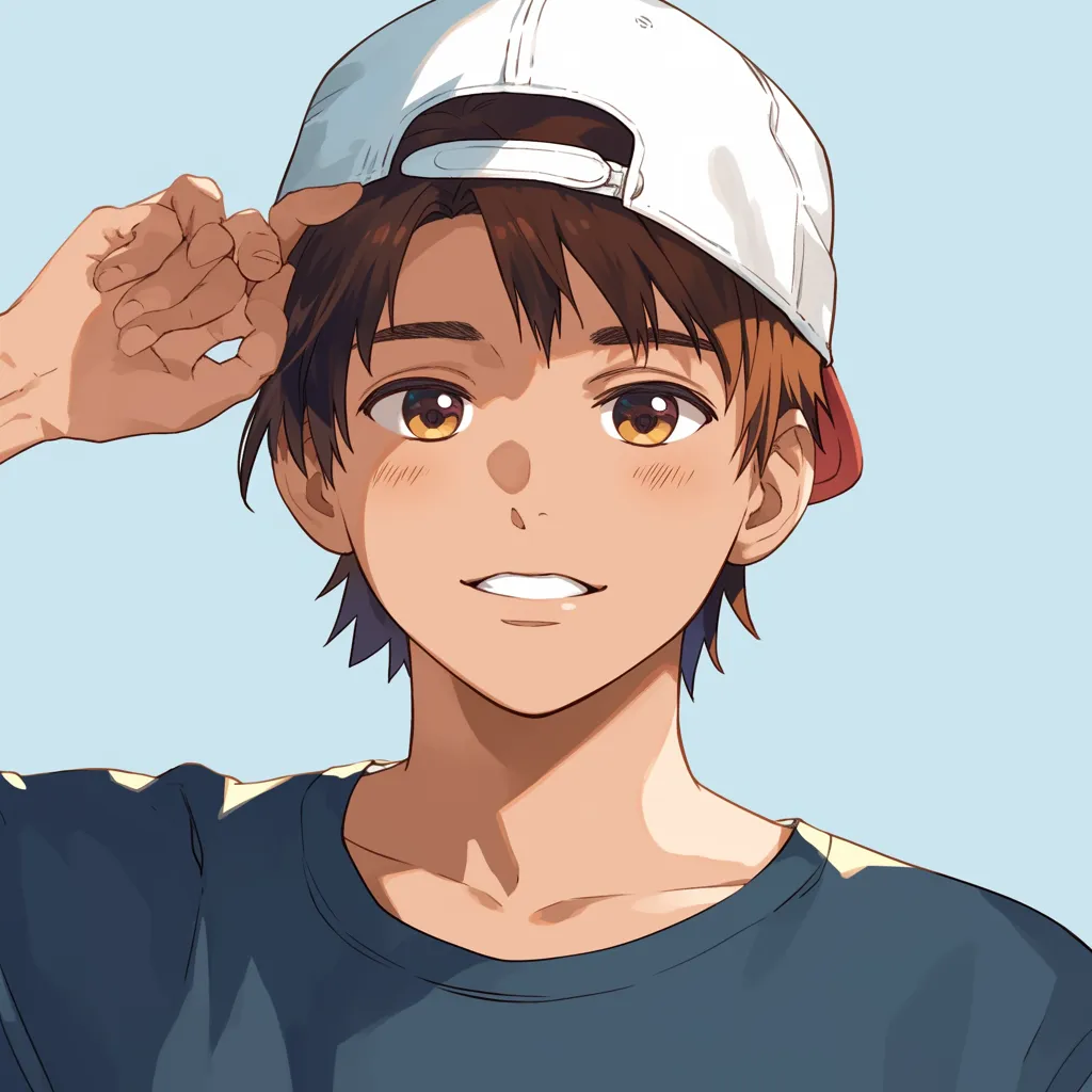 男アニメアイコンキャップ少年｜キャップを後ろ向きにかぶった男子のアイコン。健康的な小麦色の肌と爽やかな笑みが快活さを象徴し、SNSに元気な雰囲気を与える。