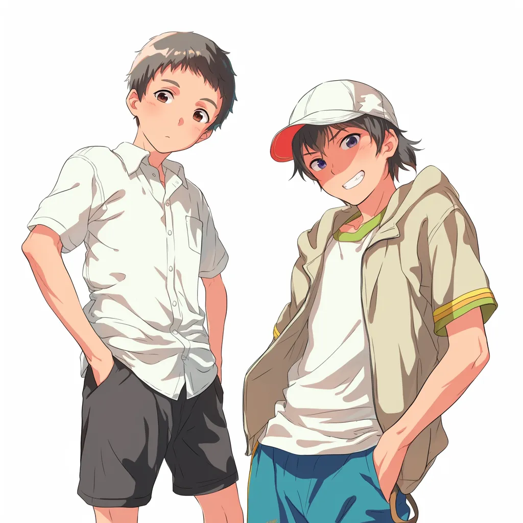 男アニメアイコン夏の日差し｜カジュアルな装いで立つ二人の男子が印象的なアイコン。片方の無邪気な笑みともう一方の穏やかな視線が夏の空気感をまとい、親しみやすい魅力を表現している。