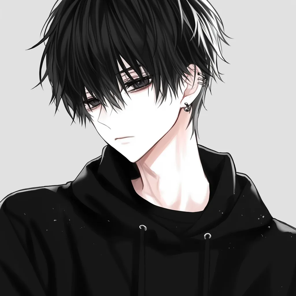 白黒アニメアイコン憂いの横顔｜黒髪フーディ姿の男子を白黒で切り取ったSNSアイコン。伏せた視線と陰影が静かな孤独感を漂わせ、モノトーンならではの冷ややかな美しさを際立たせている。