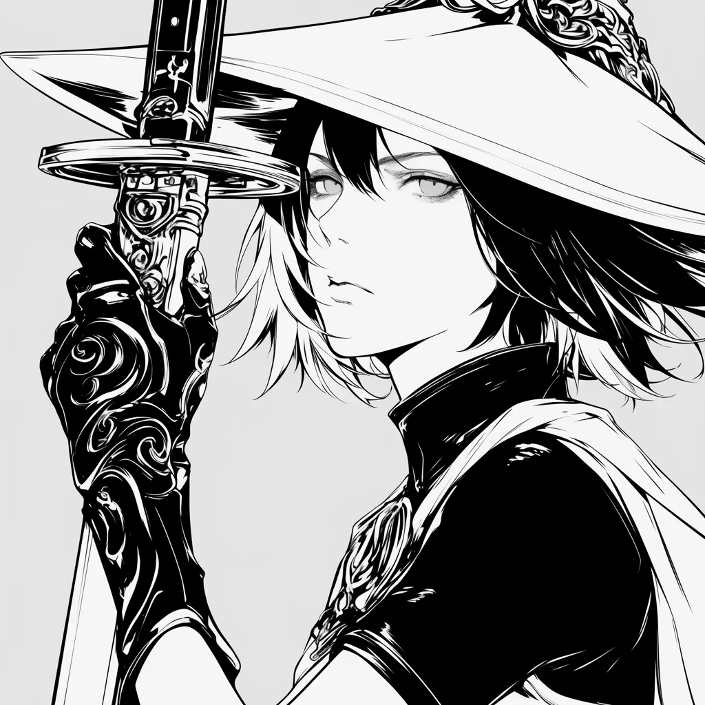 白黒アニメアイコン剣士の構え｜大きな帽子をかぶり、装飾の施された剣を構えるキャラクターのアイコン。装飾的な線と硬質な光沢表現が白黒の世界に重厚さを加え、凛とした存在感を放つ。