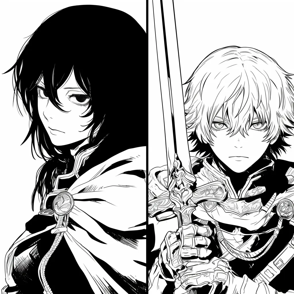 白黒アニメアイコン二人の決意｜並び立つ二人の剣士を捉えた白黒アイコン。片方の静かな眼差しと片方の鋭い視線が対照的で、精緻な鎧や剣の描写が重厚な世界観を感じさせている。