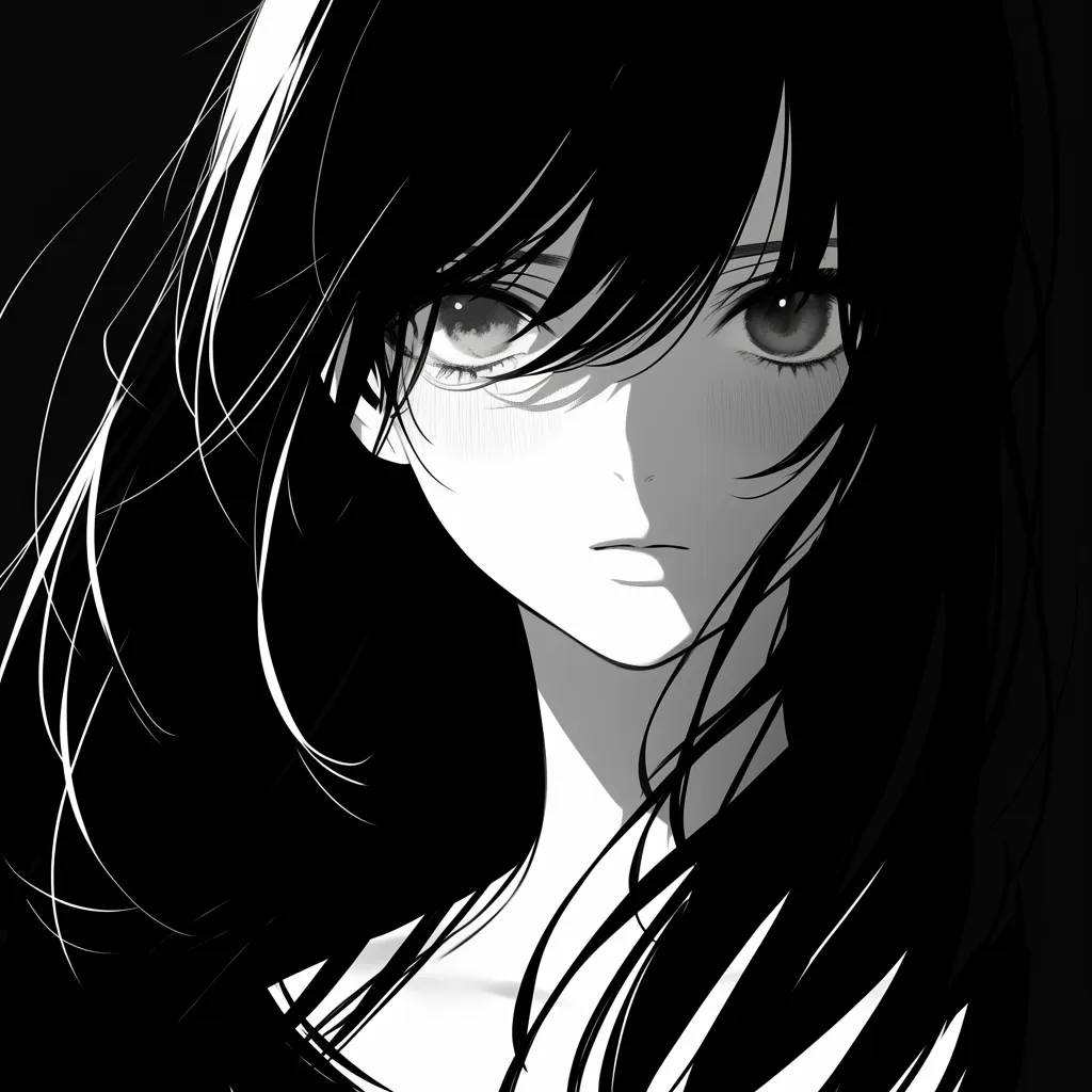 白黒アニメアイコン静かな微熱｜柔らかな影の中で頬を染めた女性を描いた白黒アイコン。光に揺れる髪の流れと陰影のバランスが、静かな感情と内に秘めた熱を思わせる仕上がり。
