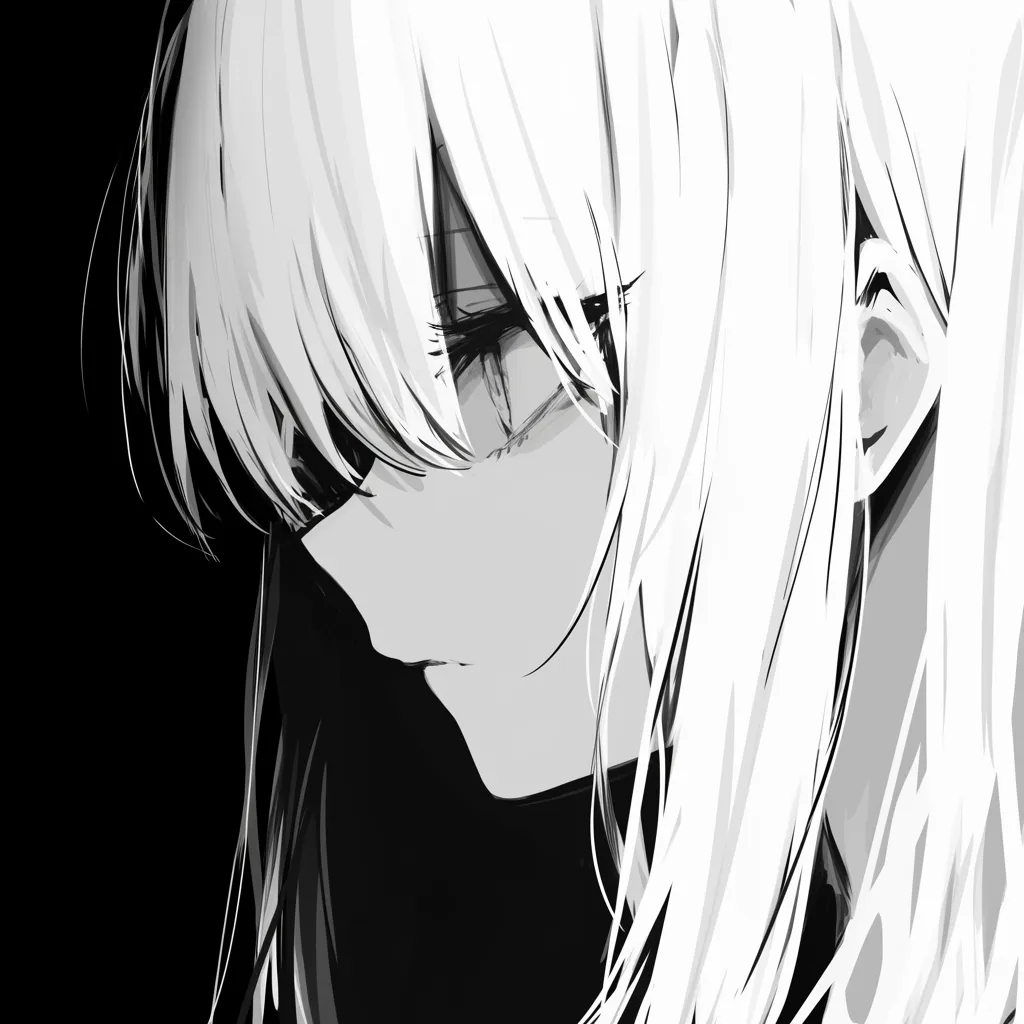 白黒アニメアイコン横顔の祈り｜伏し目がちな横顔をクローズアップした女性の白黒アイコン。白髪の柔らかな線が闇に沈み込むように描かれ、内面の静けさと儚さを同時に表現している。