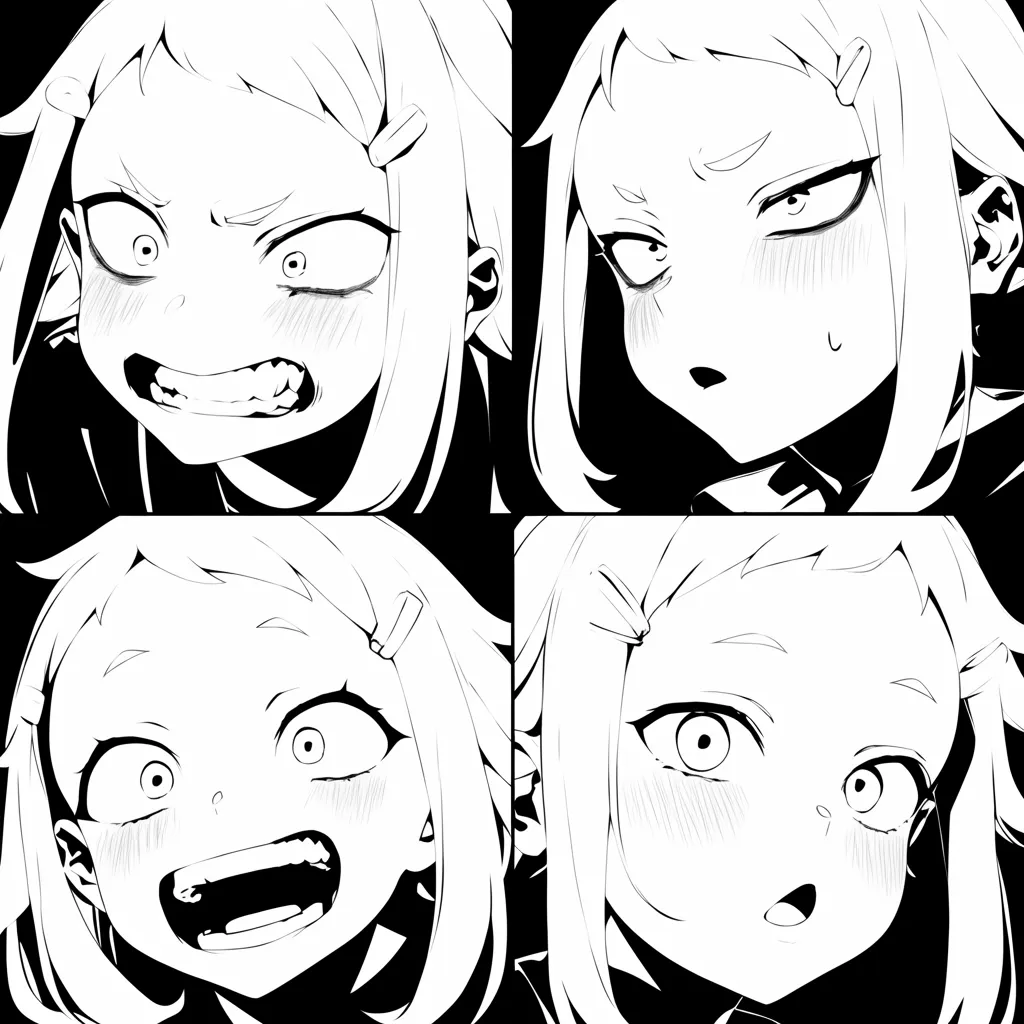 白黒アニメアイコン感情の四面｜怒り、戸惑い、驚き、笑顔と四つの表情を並べた少女のアイコン。白黒のシンプルな線画だからこそ感情の変化が際立ち、表情豊かな魅力を放っている。