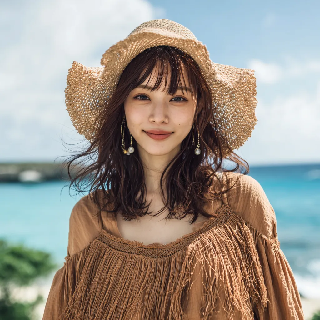 海外ガールアイコン1｜麦わら帽子をかぶった女性が柔らかな笑みを浮かべる海外ガールアイコン。背景の青い海と光のコントラストが爽やかで、夏らしさを強調している点が特徴的。