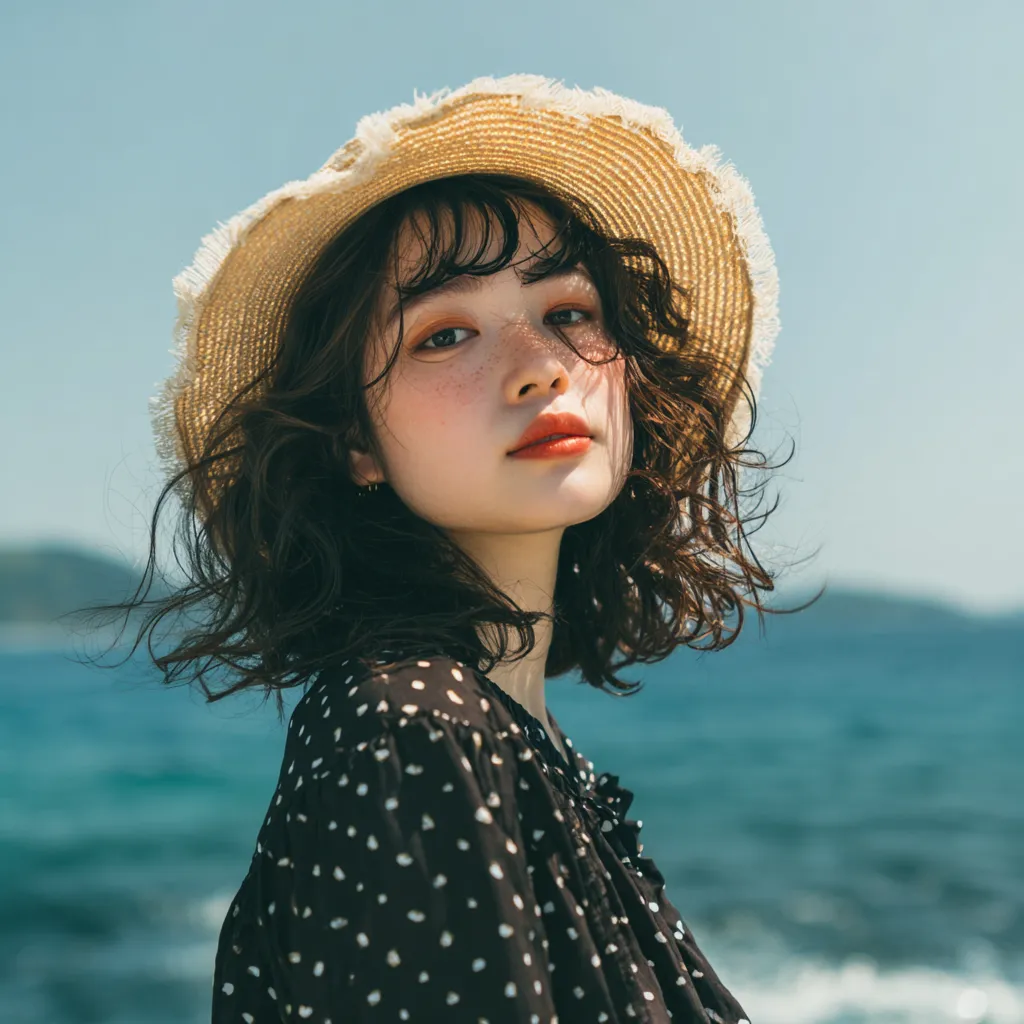 海外ガールアイコン2｜黒地にドット柄のワンピースと麦わら帽子の女性を描いた海外ガールアイコン。光を受けた髪の動きと海の青さが調和し、自然体で印象的な存在感を放っている。