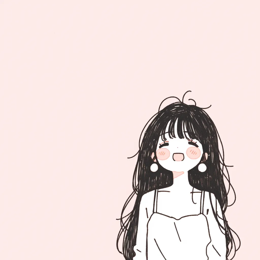 エモい韓国アイコン1｜頬を赤らめながら笑う女の子を描いたエモい韓国アイコン。淡いピンク背景と柔らかな線が可愛らしさと安心感を漂わせ、素朴な魅力を引き立てている。