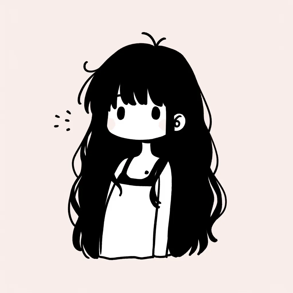 エモい韓国アイコン2｜シンプルな線で描かれた女の子が小さな動作を見せるエモい韓国アイコン。黒髪のシルエットと淡色の背景が、静かな可愛さとユーモラスな雰囲気を感じさせている。