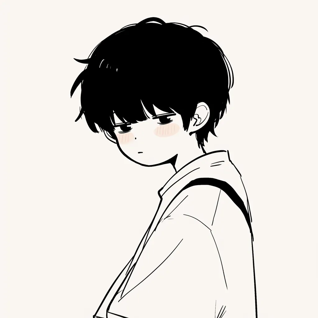 エモい韓国アイコン3｜少し伏し目がちな表情を見せる男の子を描いたエモい韓国アイコン。最小限の色合いと赤みを帯びた頬が、無言の感情を映し出す印象的な一枚となっている。