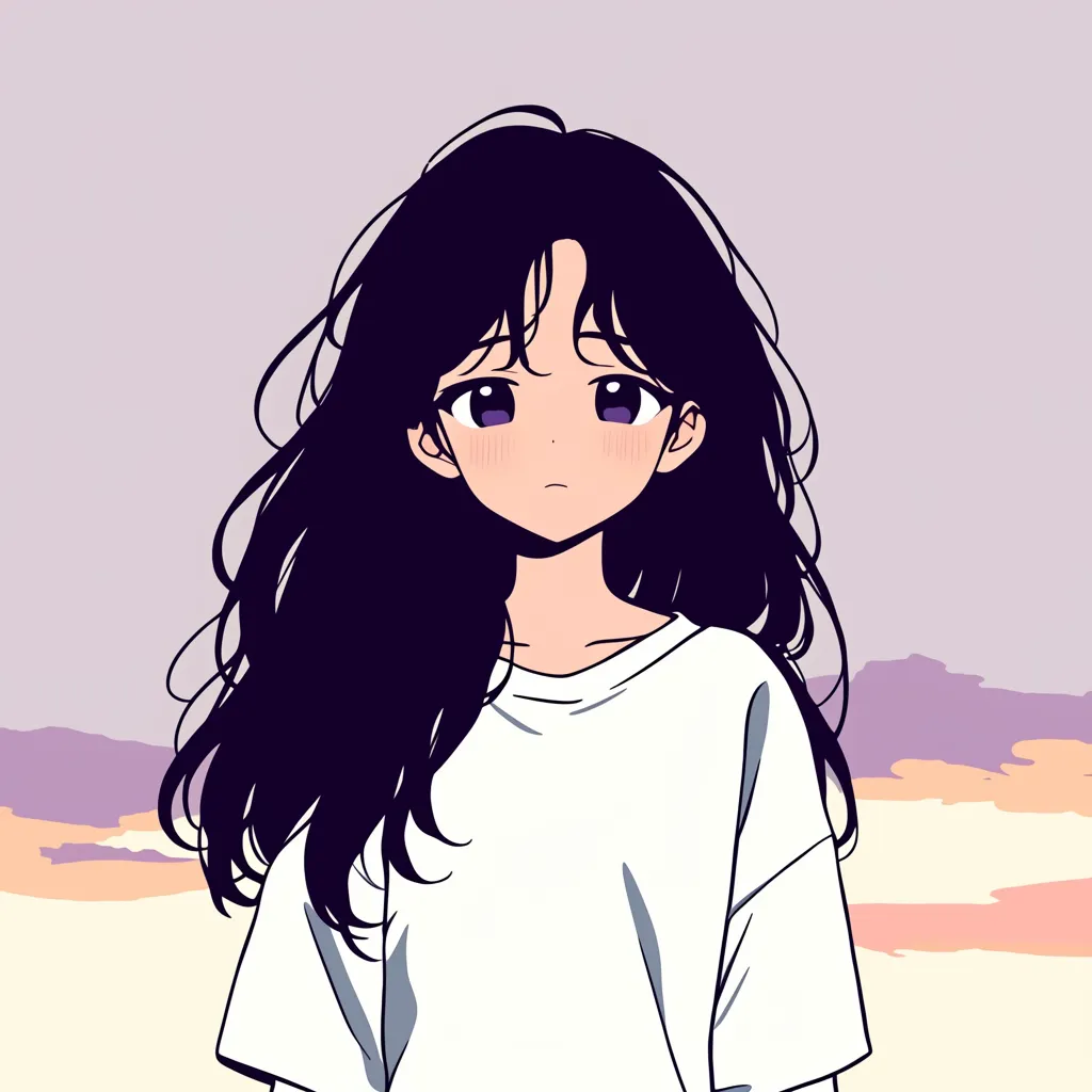 エモい韓国アイコン4｜紫がかった瞳で少し憂いを帯びた少女を描くエモい韓国アイコン。風に揺れる髪と薄明かりの背景が切なさを際立たせ、独特の雰囲気を演出している。