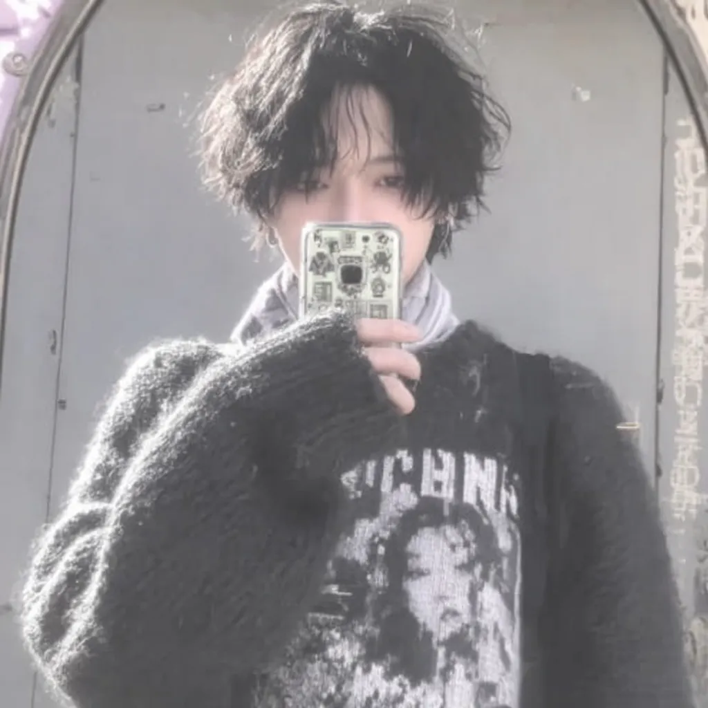 韓国風アイコン中学生ラフヘア｜ゆるく乱れた黒髪とざっくりしたニットが韓国風アイコン中学生の存在感を強調。淡い光に透けるような表情がアンニュイな印象を漂わせ、都会的でナチュラルな空気感を感じさせる。