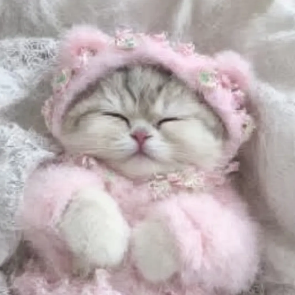 韓国アイコン猫ねむり顔｜韓国アイコン猫が目を閉じて眠る姿は、ピンクの柔らかな衣装と相まって穏やかな雰囲気を醸し出し、安らぎを感じさせる魅力が表れています。