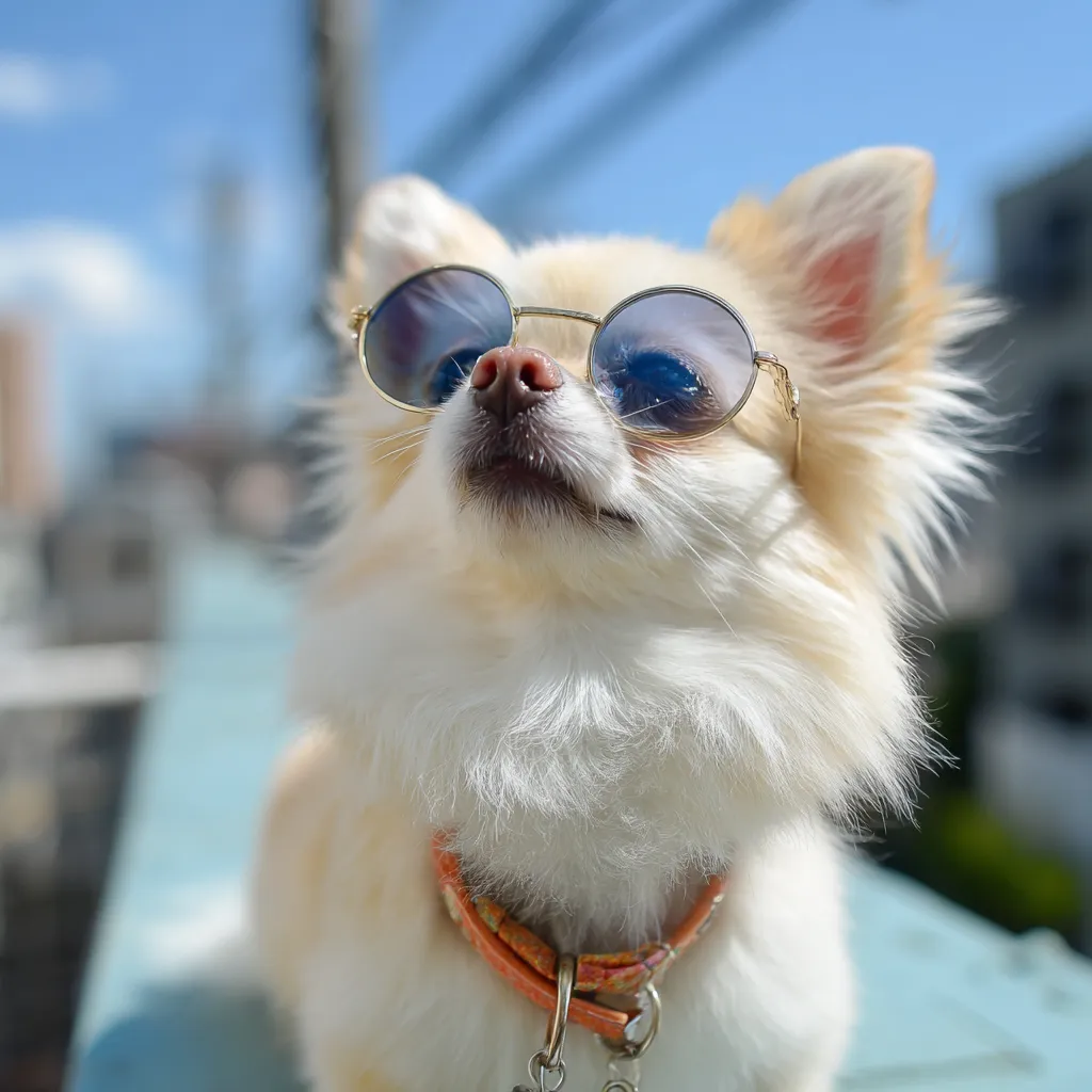 韓国アイコン犬サングラス｜韓国アイコン犬が青空の下で丸いサングラスをかける姿は、光沢のある毛並みと澄んだ表情が合わさり、スタイリッシュな存在感を放っています。