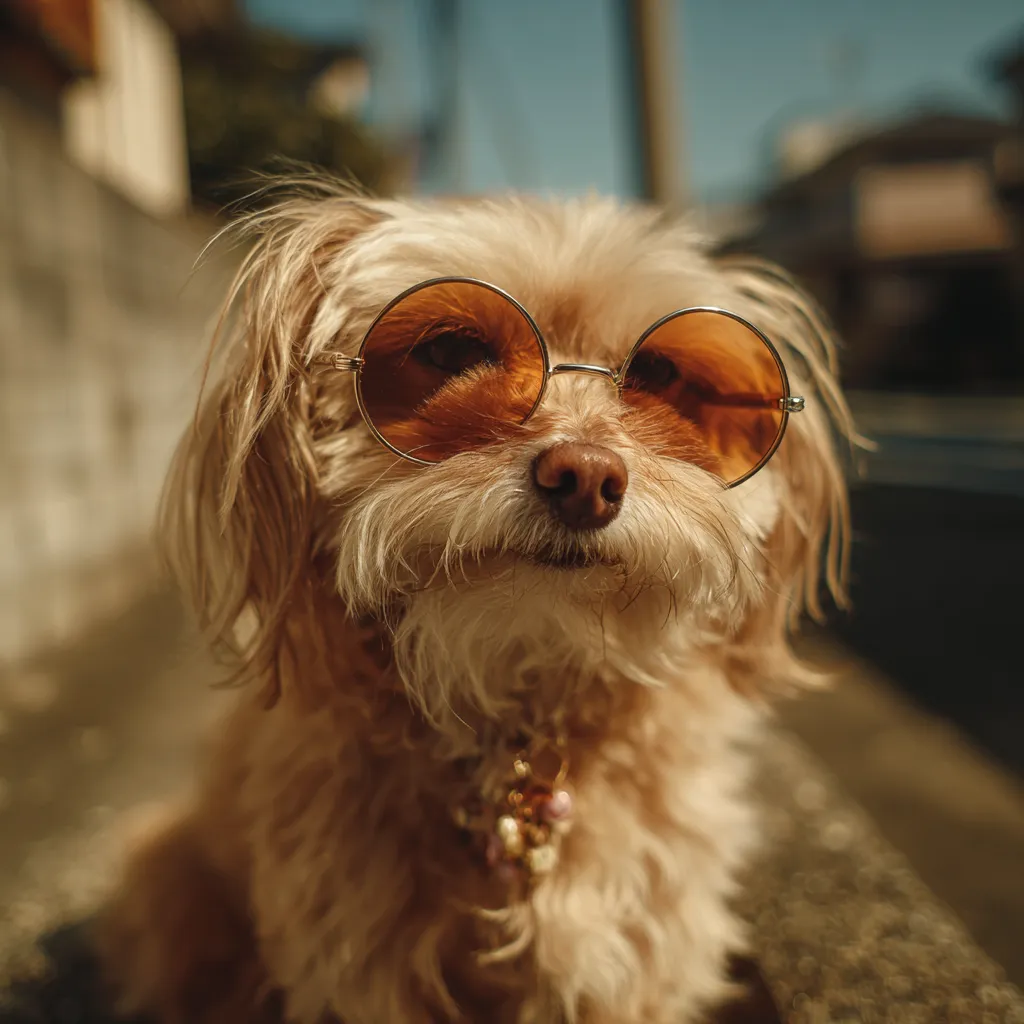 韓国アイコン犬レトロ感｜韓国アイコン犬が丸い色付きサングラスをかけて夕陽に照らされる姿は、懐かしさ漂う色合いがレトロで落ち着いた存在感を引き立てています。