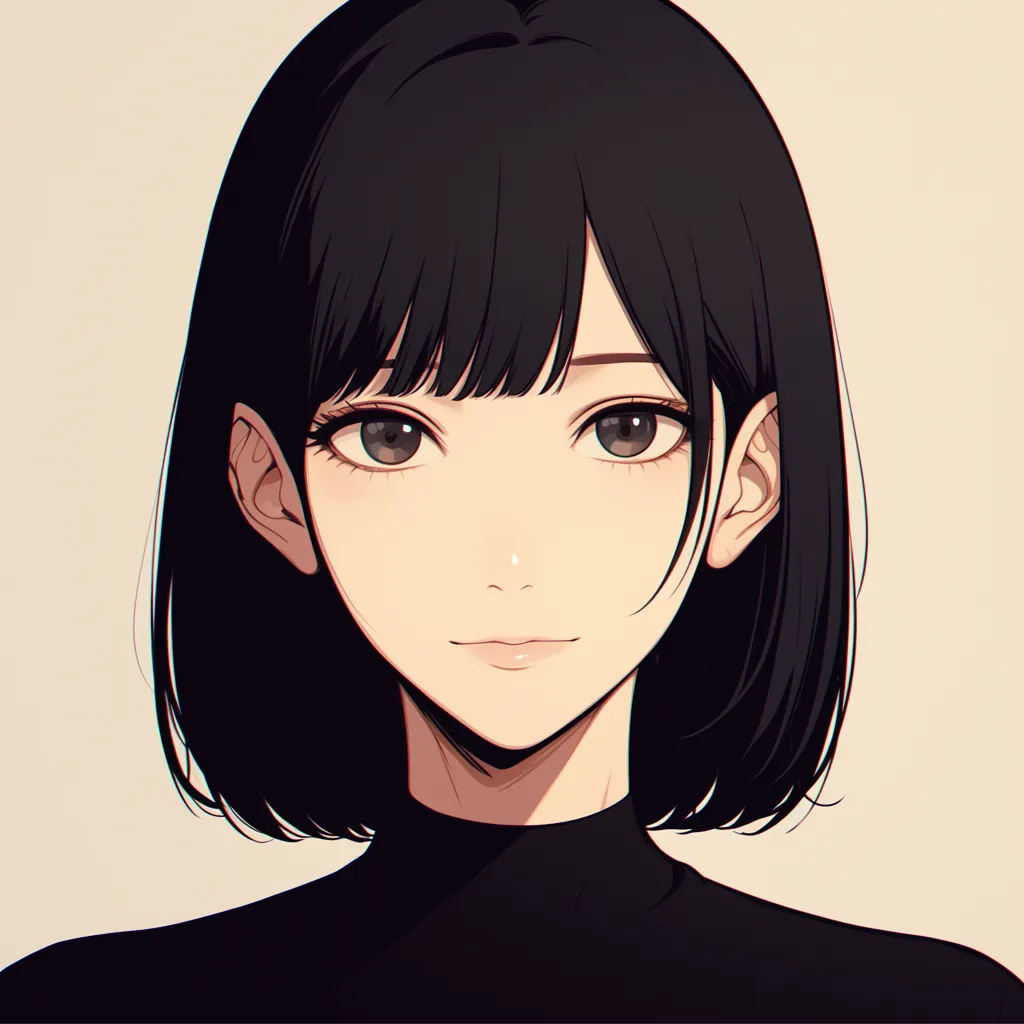 韓国アイコン黒髪女子｜韓国アイコン黒髪女子は柔らかな黒髪と落ち着いた表情が特徴。背景の淡い色合いとシンプルな黒が調和し、上品で清楚な魅力を自然に際立たせている。