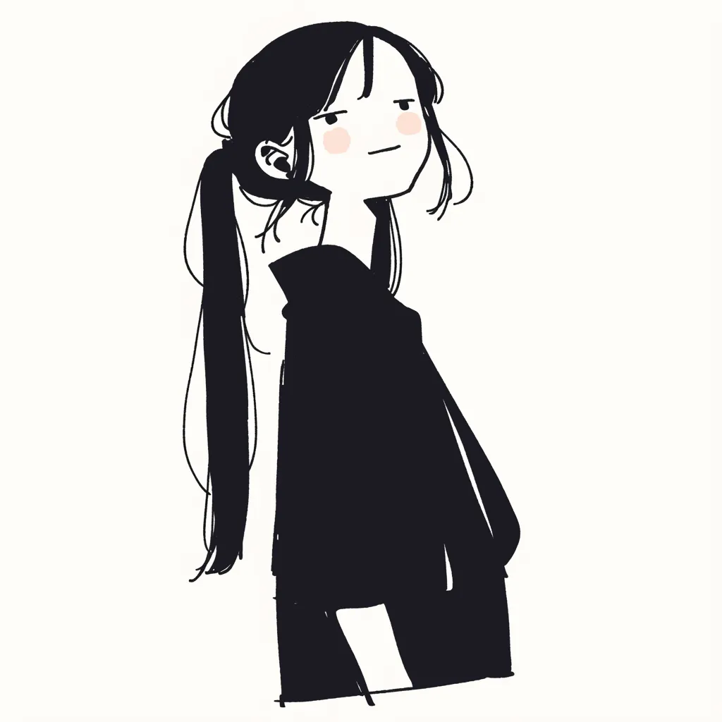 韓国アイコン黒ポニーテール｜韓国アイコン黒ポニーテールは緩やかな線とラフな描写で表現された人物。頬の淡い朱色がアクセントになり、シンプルな黒の衣装が洒落た雰囲気を引き立てている。